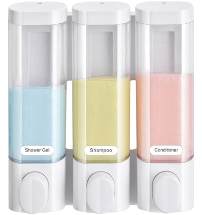 RANKADO Luxury Shower Soap Dispenser Bathroom with Tray,Drill Free Shampoo and Conditioner Dispenser with Mounting Tapes,Shower Soap Dispenser with Labels,Shampoo Dispenser for Shower Wall - color: 300ml X 3 （transparent）