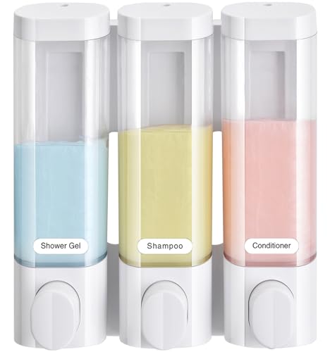 RANKADO Luxury Shower Soap Dispenser Bathroom with Tray,Drill Free Shampoo and Conditioner Dispenser with Mounting Tapes,Shower Soap Dispenser with Labels,Shampoo Dispenser for Shower Wall - color: 300ml X 3 （transparent）
