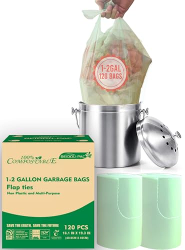 BEIDOU-PAC 1-2 Gallon Flap Tie Compostable Trash Bags, 120 Count Small Compost Kitchen Garbage Bags, Food Scrap Waste Bags for Countertop Bin, ASTM D6400, US BPI Certified - style: Flat ties | 1-2 Gallon | 120 Count