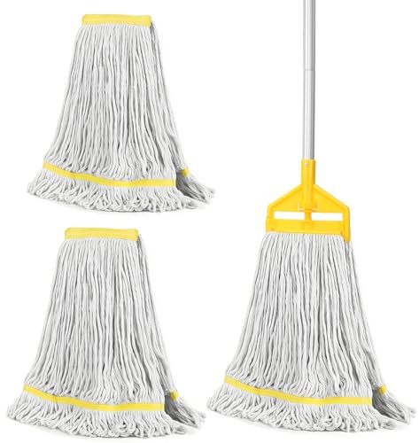 Commercial Industrial Mop Heavy Duty with 3 Replacement Head,Looped-End String Wet Mops with Long Handle for Floor Cleaning, Cotton Mop for Home Garage Office Workshop Warehouse Concrete Floor - size: 1x Industrial Mop with Handle + 3 Extra Heads