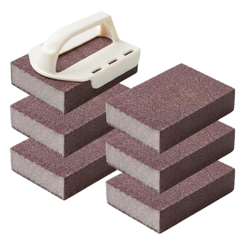 Magics Emery Cleaning Sponge, Pot Scrubber Carborundum Sponge with Handle, Cleaning Eraser Scrub Pads for Cleaning Pots and Pans, BBQ Grill Dish Brush Scouring Pads (Beige 6pcs) - color: Beige 6pcs
