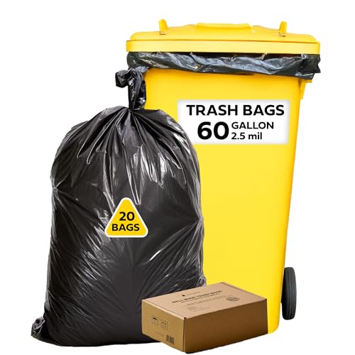 Lime Linen 60 Gallon Heavy Duty Contractor Xl Black Garbage Bags | Industrial, Construction & Yard Waste | Tear Resistant | 20 Pack, Extra Thick 2.5 Mil, Tie Bags, Interleaved On Roll Secure Closure - color: 60 Gallon, size: 1 Count (Pack of 20)