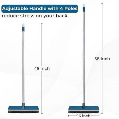 16-Inch Push Broom Outdoor with Rubber Squeegee and 58" Long Handle, 2 in 1 Commercial Broom Brush with Stiff Bristles for Deck Patio Garage Warehouse Driveway Concrete Floor Cleaning Scrubbing