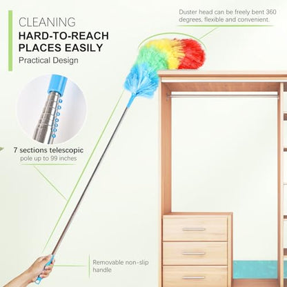Rainbow Extendable Static Duster Reusable Microfiber Duster with 100" Telescoping Pole, Beandable and Washable Dusters Head for Cleaning Ceiling, Fan, Furniture - size: 32-100inch-3pcs