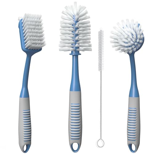 Dish Brush Set of 4 - Kitchen Scrub Brushes with Non-Slip Long Handle for Cleaning, Scrubber, Dishwashing, Dishes, Bottles, Straws, Cups, Pots & Sink, Blue - color: Blue, Set of 4