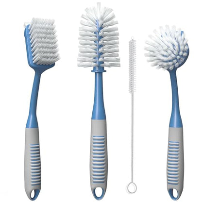 Dish Brush Set of 4 - Kitchen Scrub Brushes with Non-Slip Long Handle for Cleaning, Scrubber, Dishwashing, Dishes, Bottles, Straws, Cups, Pots & Sink, Blue - color: Blue, Set of 4
