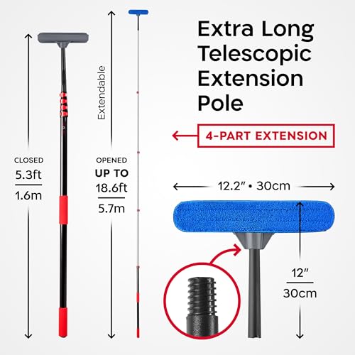 Tyroler Professional Window Squeegee with Extension Pole | Squeegee for Windows Cleaning | Outdoor Window Cleaner Tool, Windows Washing Kit with Extension Pole | Window Cleaning Kit (18.6 feet) - size: 18.6 feet
