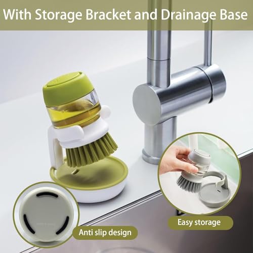 YUEWO Soap Dispenser Dish Brush, Palm Brush Scrub Brush, with Storage Bracket and Drainage Base, Gray