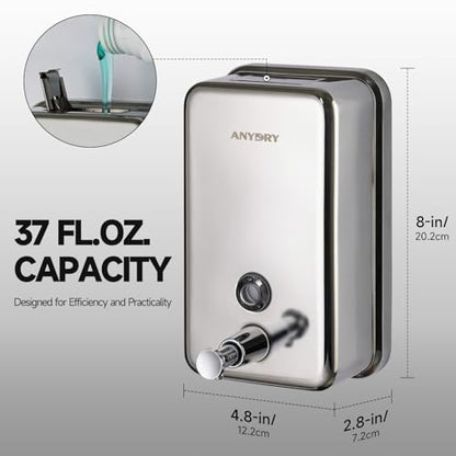 anydry Commercial Soap Dispenser Wall Mount, Polished Stianless Steel Finish Manual Liquid Soap Dispenser - 37oz (1100ml) Model AD1003 - color: Polished