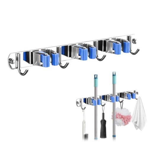 Upgrade Broom Holder Wall Mount, 304 Stainless Steel Mop & Broom Storage Organizer with Hooks, Self-Adhesive or Screw Install for Bathroom Garage Kitchen (blue, 3 Racks and 4 Hooks) - color: blue, size: 3 Racks and 4 Hooks