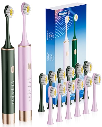 Aneebart Sonic 2 Pack Electric Toothbrush for Adults and Kids, Travel Toothbrush Includes 12 Replacement Toothbrush Heads, 6 Modes with 2 MIN Smart Timer - color: Green+purple