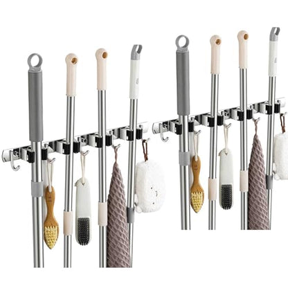 2 Pack Broom Holder Wall Mount, Stainless Steel Broom Hanger Wall Mount, Heavy Duty Mop and Broom Holder Tool Racks Utility Hooks for Laundry Room Garden Garage, Black (4 Racks and 5 Hooks) - color: Black, size: 2Pack 4R5H