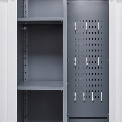 Broom Closet, 72" Broom Closet Storage Cabinet with Lock, Metal Tool Storage Cabinets with Pegboard, Cleaning Supply Storage Cabinets with Shelves for Home, Garage, Utility Room, Greywhite