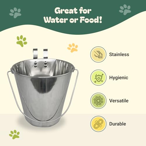 Advance Pet Products 4 Quart Stainless Steel Bucket with Dual Hook | Perfectly Fits on Kennels, Cages and Critter Crates | Heavy Duty Bucket for Pets Cleaning & Food Prep - Flat Sided Pail - size: 4 Quart - Hooked