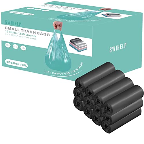 Small Trash Bags 240 Count Garbage Bags SWIHELP Waste Basket Liners for Bathroom, Kitchen,Bedroom, Office Pet Car 15 Liter Trash Can 4 Gallon - color: Handle Black 240 counts-4Gal, size: 1 Count (Pack of 240)