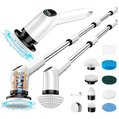 Electric Spin Scrubber, 2024 Upgrade Cordless Shower Scrubber with 8 Replaceable Brush Heads and 3 Adjustable Speeds, LED Display and Extension Handle,Power Cleaning Brush for Bathroom Tub Grout Floor