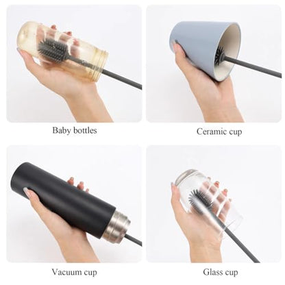 Silicone Cleaning Brush Set, Cup Brush, Long and Short Handle, Suitable for Various containers Such as Milk Bottles, Wine Bottles, Glass Bottles, etc. Cleaning Brush (Black)