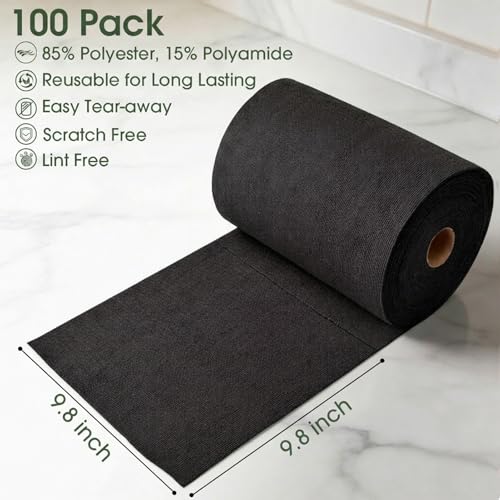 Microfiber Cleaning Cloth Roll - 100 Pack Tear Away Microfiber Paper Towels, Reusable, Washable, Scratch-Free, Kitchen Towels for Car, Home, Kitchen, Glass, Dishes (Black) - color: Black