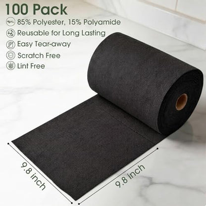 Microfiber Cleaning Cloth Roll - 100 Pack Tear Away Microfiber Paper Towels, Reusable, Washable, Scratch-Free, Kitchen Towels for Car, Home, Kitchen, Glass, Dishes (Black) - color: Black