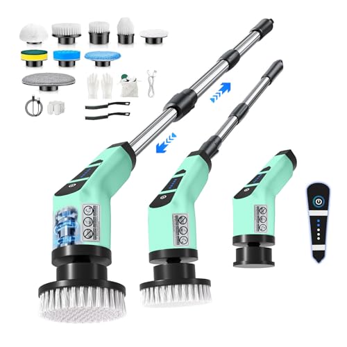 Electric Scrubber for Cleaning, Cordless Electric Spin Scrubber with 9 Replaceable Brush Heads, 2 Speed Adjustable Handle, IPX7 Waterproof Shower Scrubber for Bathroom, Tub, Tile, Floor... (Green) - color: Green