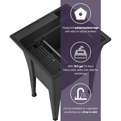 Freestanding Utility Sink with Stainless Steel Gooseneck Faucet - 24" Plastic Utility Sink for Garage, Laundry, Indoor and Oudoor Use - Laundry Tub Kit by Noah William Home - Black (19.5 gal) - color: Black - Gooseneck faucet