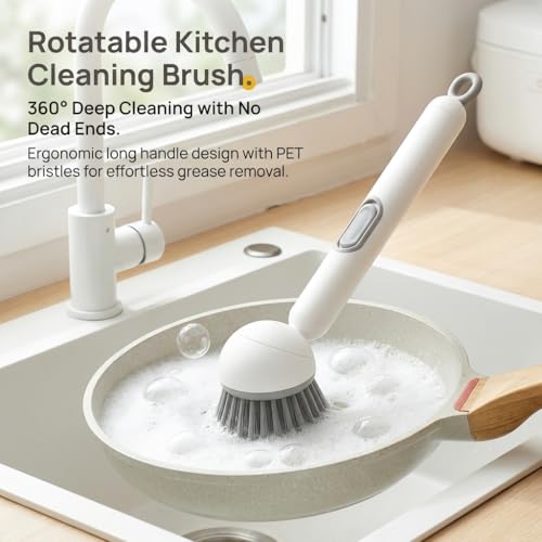 Rotatable Kitchen Cleaning Brush with Built-in Soap Dispenser for Non-Stick Pans, Stainless Steel Pots, Ceramic Cookware, Range Hood Filters, Oven Grates