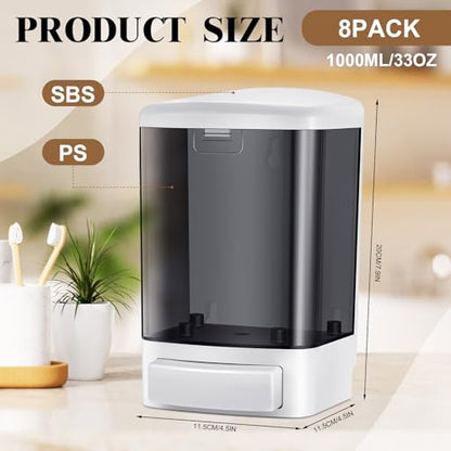Hushee 8 Pcs Plastic Wall Mounted Soap Dispenser Commercial Manual Soap Containers Wall Dispenser for Kitchen Shower Hotel Liquid Shampoo Gel Chamber (33.8 oz 1000 ml,Black) - color: Black, size: 33.8 oz 1000 ml