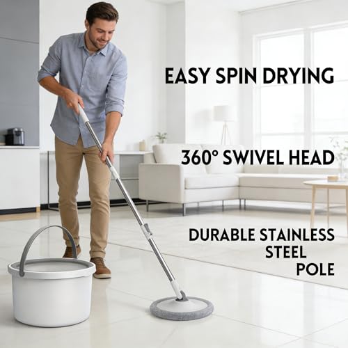Spin Mop and Bucket System with 2 Microfiber Mop Heads, 360° Rotating Floor Mop for Wet and Dry Cleaning, Adjustable Stainless Steel Handle, Compact Cleaning Set for Hardwood, Tile, Laminate, Grey