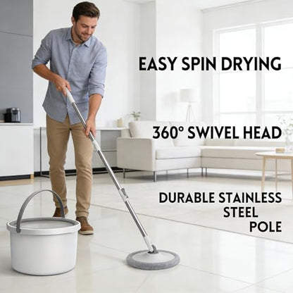 Spin Mop and Bucket System with 2 Microfiber Mop Heads, 360° Rotating Floor Mop for Wet and Dry Cleaning, Adjustable Stainless Steel Handle, Compact Cleaning Set for Hardwood, Tile, Laminate, Grey