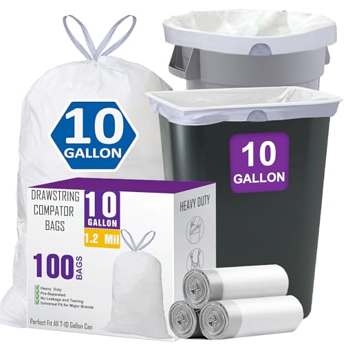 10 Gallon Drawstring Trash Bags 100 Count 1.2 Mil Heavy Duty Garbage Bags Compatible with Rubbermaid Brute 10 Gallon Trash Can & Fit All 7, 9, 10, 13 Gallon Can for Home Office Kitchen - color: White, size: 100 Count (Pack of 1)