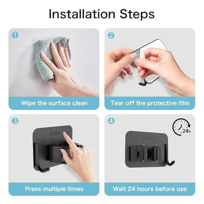 nacena 4 Pack No Drill Self Adhesive Broom Mop Holder Wall Mount with Hooks, Heavy Duty Stainless Steel Organizer for Kitchen Bathroom Garage Storage, Black - color: Matte Black-4 Packs