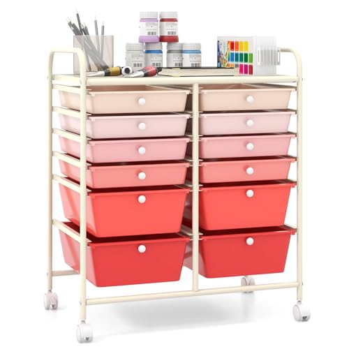 Giantex 12 Drawer Rolling Storage Cart Tools Scrapbook Paper Office School Organizer (Pink Gradient) - color: Pink Gradient, size: 12 Drawer-25"x15"x29.5"
