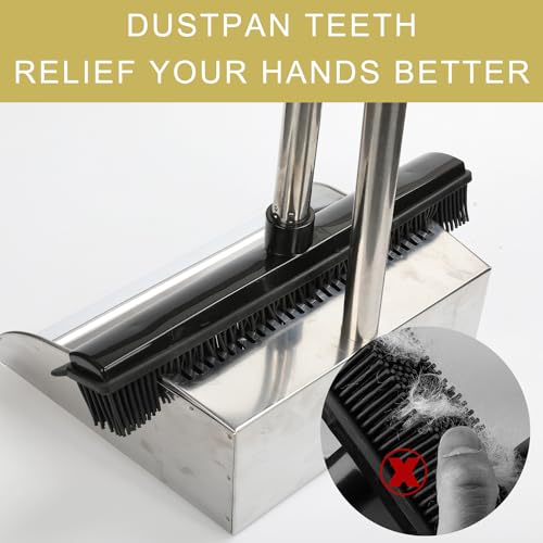 Rubber Broom and Dustpan Set,Pet Hair Removal Rubber Broom with Squeegee and Stainless Steel Dust Pan,Carpet Rake Push Broom and Dustpan for Fluff Hardwood Floor Tile (Black) - color: Black