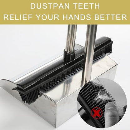 Rubber Broom and Dustpan Set,Pet Hair Removal Rubber Broom with Squeegee and Stainless Steel Dust Pan,Carpet Rake Push Broom and Dustpan for Fluff Hardwood Floor Tile (Black) - color: Black