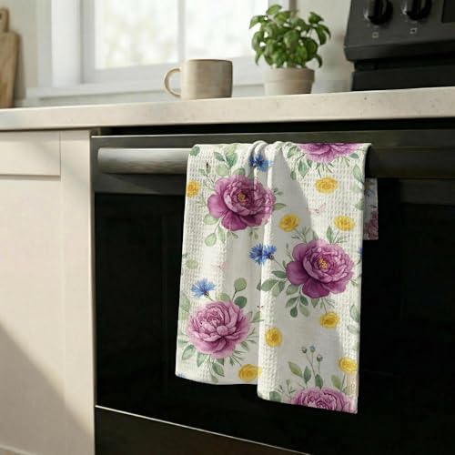 Waffle Kitchen Towels Set of 2 - Ultra Absorbent Quick Dry Dish Towels - Sustainable Reusable Cleaning Tea Towels - Lightweight Hand Towels for Kitchen & Bathroom, 16” x 28” (Plants) - style: Plants