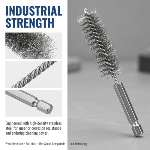 6 PCS Stainless Steel Wire Bore Brush Set, 1/4" Hex Shank Twisted Drill Brushes, 8/10/12/15/17/19mm for Rust Removal & Pipe Tube Cleaning