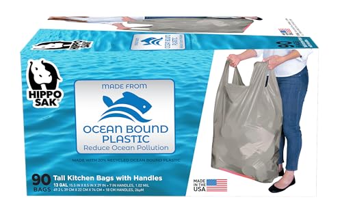 Hippo Sak - Tall Kitchen Garbage Bags with Ergonomic Handles - 13 Gallon Trash Bags Made from Recycled Ocean Bound Plastic - Super Strong and Leak Proof Tall Kitchen Trash Bags (90 Count) - size: 90 Count (Pack of 1)