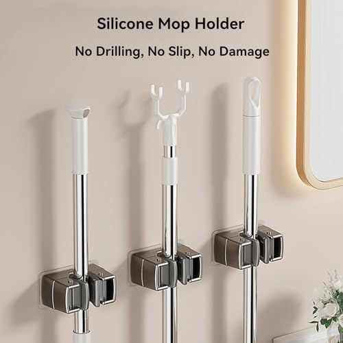 4 Pack Heavy Duty Mop Holder Wall Mount, Strong Adhesive Hanger for Broom Closet Organizer, Space Saving Utility Hooks for Bathroom Kitchen Garage Storage - style: 4PCS