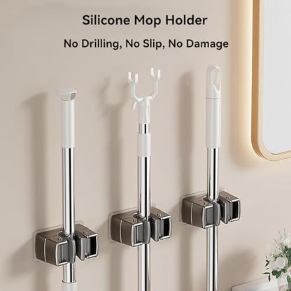 3 Pack Heavy Duty Mop Holder Wall Mount, Strong Adhesive Hanger for Broom Closet Organizer, Space Saving Utility Hooks for Bathroom Kitchen Garage Storage - style: 3PCS
