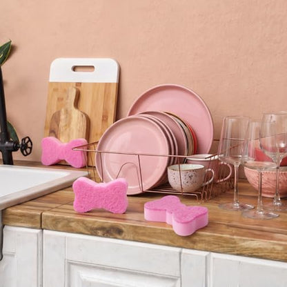 Tioncy 12 Pack Pink Bow Sponges Bulk Preppy Dual Sided Scrubber Cute Pink Bow Sponges Reuseble Non Scratch Dishwashing Kitchen Cleaning Accessories for Cookware Pot Boiler Pan Household - style: Cute Bow