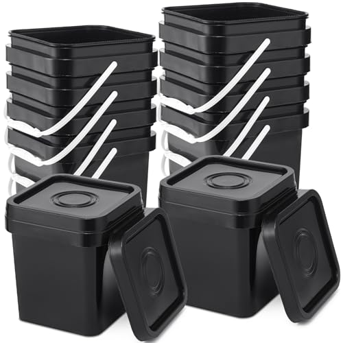 Suzile 10 Pcs Food Grade Square Bucket with Lid 1 Gallon Plastic Bucket 4.5L Utility Industrial Pail with Handle Container for Food Oil Tub Water Fishing Paint House Cleaning Car Washing (Black) - color: Black