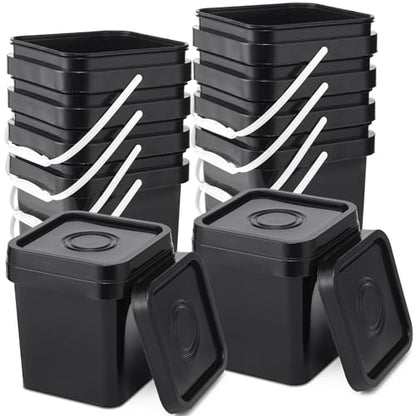 Suzile 10 Pcs Food Grade Square Bucket with Lid 1 Gallon Plastic Bucket 4.5L Utility Industrial Pail with Handle Container for Food Oil Tub Water Fishing Paint House Cleaning Car Washing (Black) - color: Black