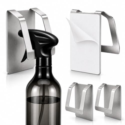 KIHOGEM Spray Bottle Hanger, Adhesive Spray Bottle Hook Stainless Steel Spray Bottle Holder Wall Mount Non Drilling for Cabinet, Kitchen or Under Sink (4pcs) - color: Sliver