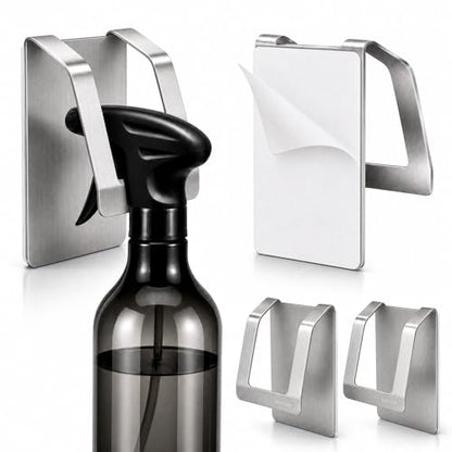 KIHOGEM Spray Bottle Hanger, Adhesive Spray Bottle Hook Stainless Steel Spray Bottle Holder Wall Mount Non Drilling for Cabinet, Kitchen or Under Sink (4pcs) - color: Sliver