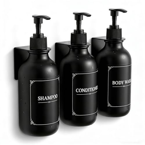 Matte Black Shampoo and Conditioner Dispenser 3 Chamber Set– No Drill Wall Mounted, Shower Soap Pump Bottles, Refillable Bathroom Body Wash Dispensers with Waterproof Labels