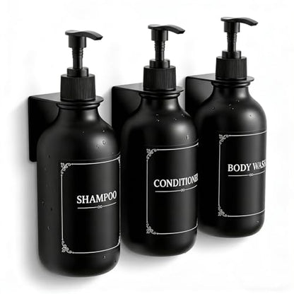 Matte Black Shampoo and Conditioner Dispenser 3 Chamber Set– No Drill Wall Mounted, Shower Soap Pump Bottles, Refillable Bathroom Body Wash Dispensers with Waterproof Labels