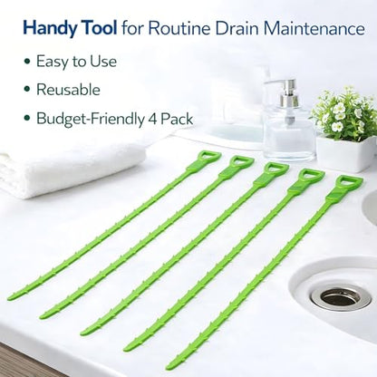 Drain Snake Hair Clog Remover, 4 Pack 20-Inch Flexible Barbed Drain Cleaner for Bathroom Sink, Shower and Bathtub, Reusable Sink Unclogger, Green | Drain Clog Remover