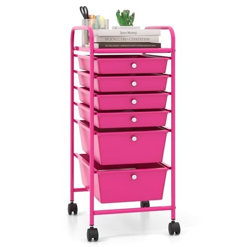 Giantex 6 Storage Drawer Cart Rolling Organizer Cart for Tools Scrapbook Paper Home Office School Multipurpose Mobile Utility Cart (Macaron) - color: Hot Pink, size: 6 Drawer-13.5"x17"x30"