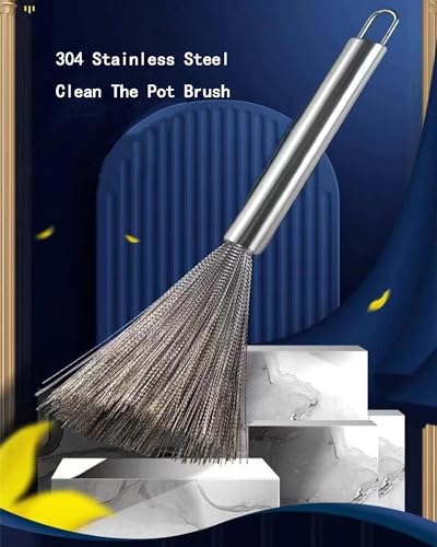 2Pcs Pots and Pans Clening Brush, Stainless Steel Scrubber Brush for Cookware Long-Handled Sink Cleaner Brush-2Hooks