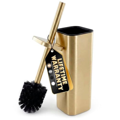 Gold Toilet Brush with Square Holder - Toilet Brush and Holder Set Gold, Stainless Steel Handle with Splash Shield, Replaceable Head and Removable Inner Cup - Freestanding Bathroom Toilet Cleaning Set - color: Gold Rounded Square